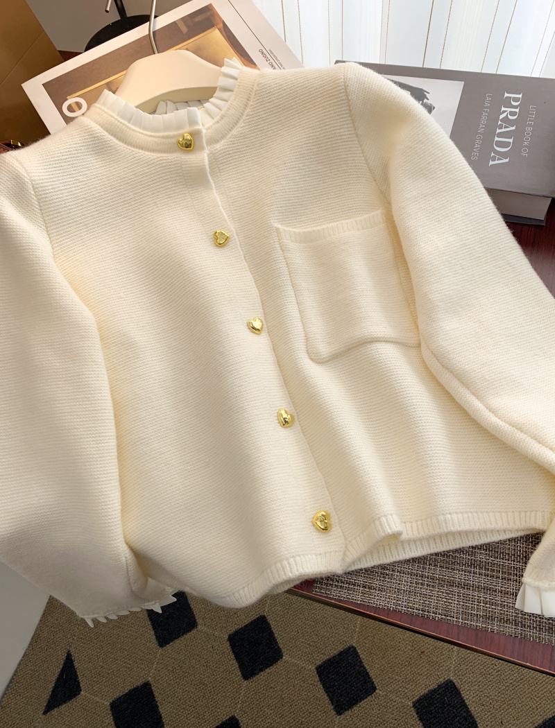 Buckle knitted pearl cardigan lace pocket sweater
