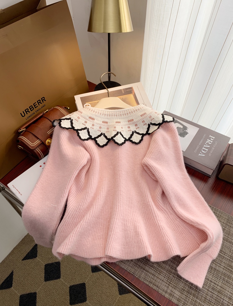 Doll collar sweater knitted cardigan for women