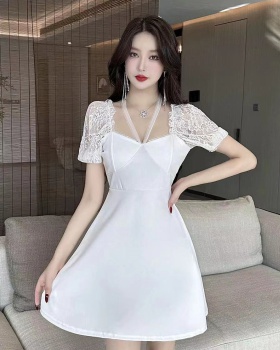 Splice sweet short sleeve lace A-line dress for women