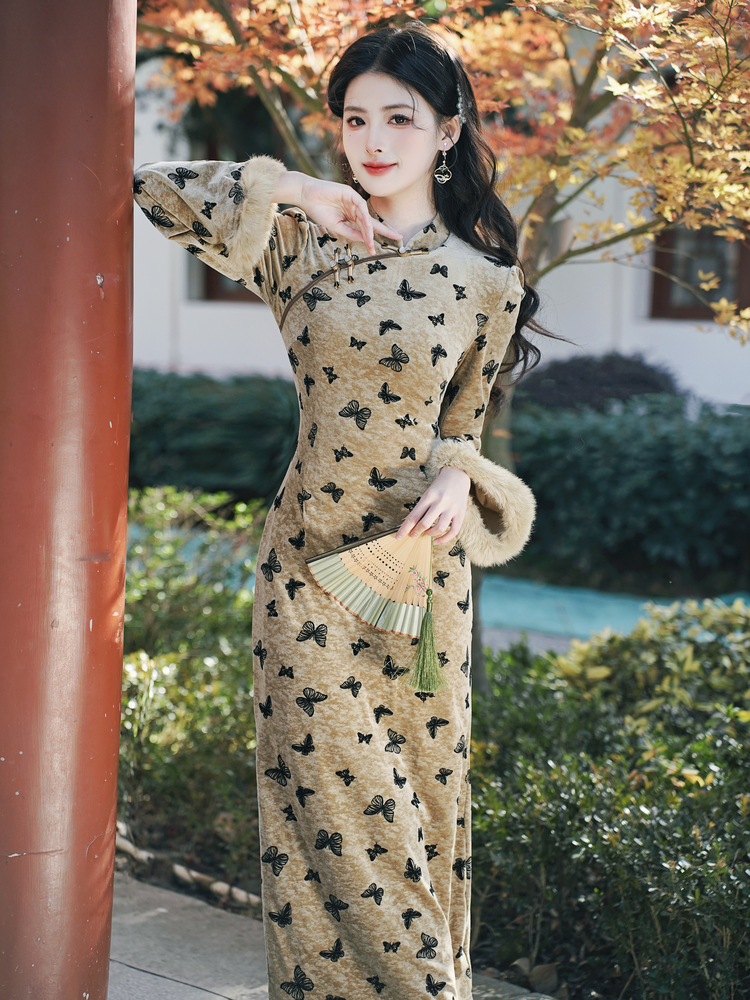 Retro velvet cheongsam elmo sleeve dress