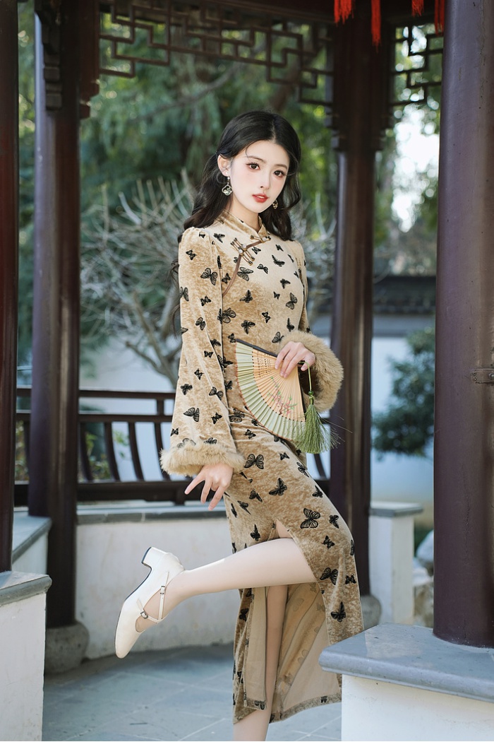 Retro velvet cheongsam elmo sleeve dress