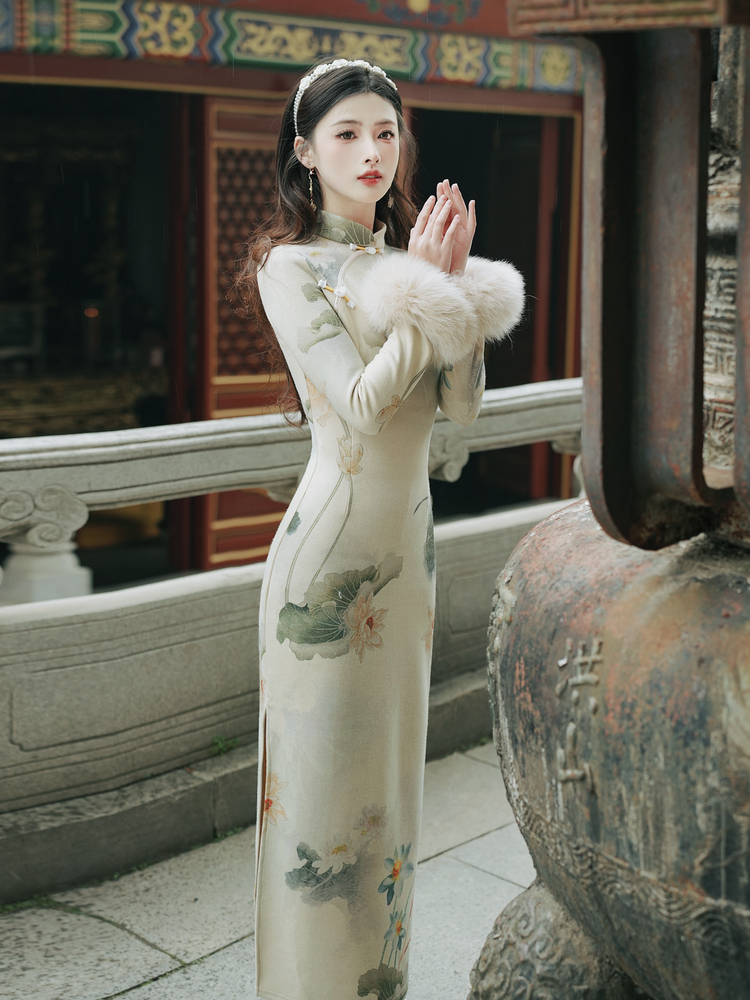 Thick elmo sleeve slim cheongsam retro plus velvet dress