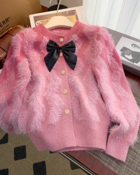 Mink hair bow cardigan show young fashion sweater
