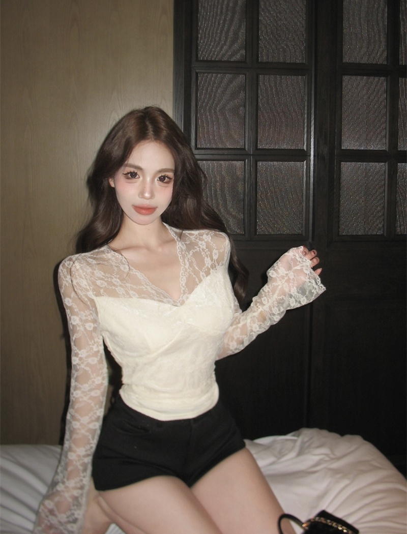 V-neck lace tops long sleeve slim shirts for women