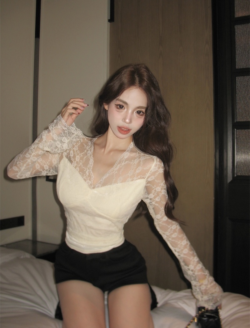 V-neck lace tops long sleeve slim shirts for women