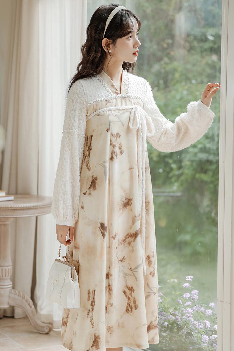 All-match printing spring and autumn lace spring dress