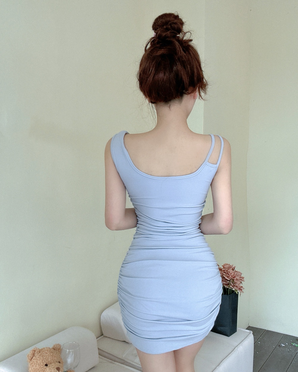 Pinched waist blue T-back spring and summer dress for women