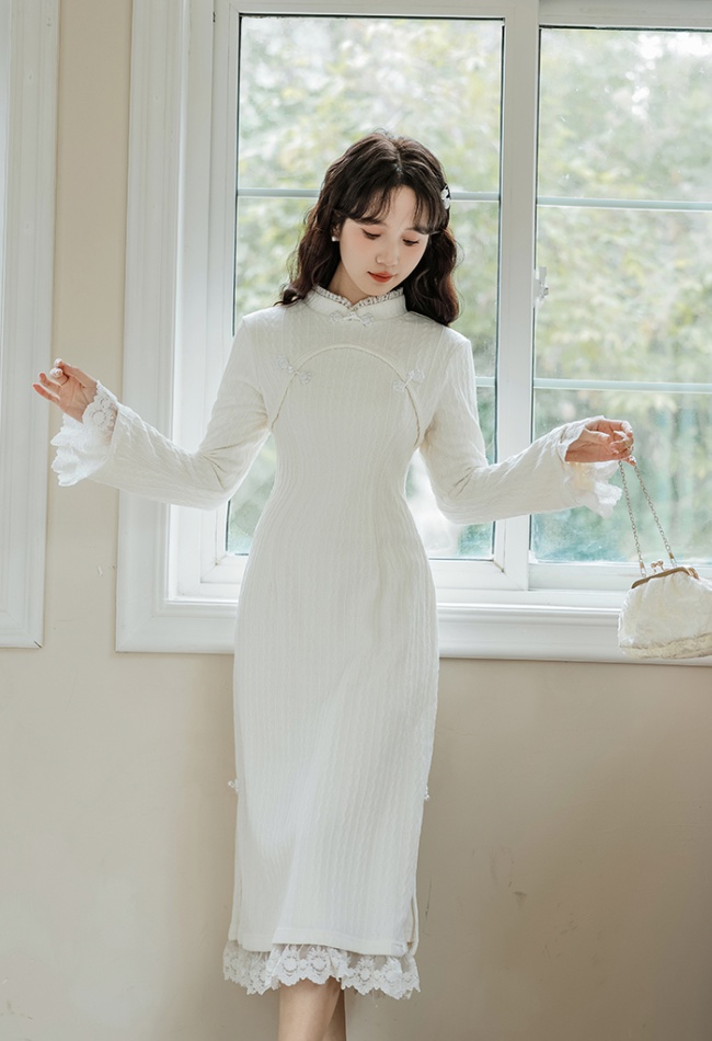 Slim splice long dress temperament lace cheongsam