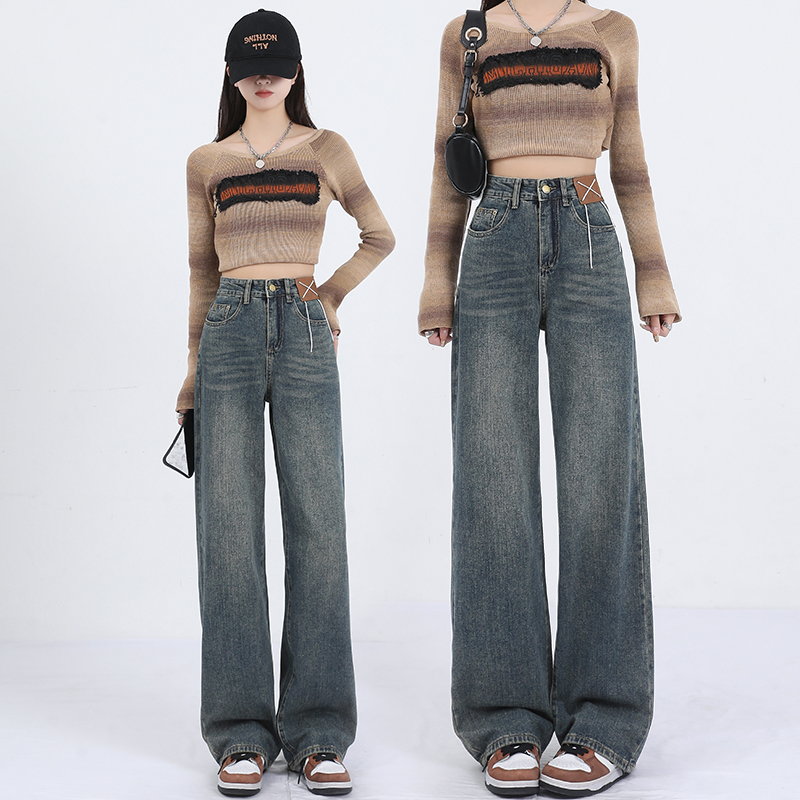 American style wide leg pants embroidery jeans for women