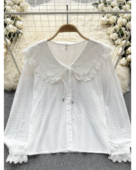 Show young lace puff sleeve tops art slim shirt for women