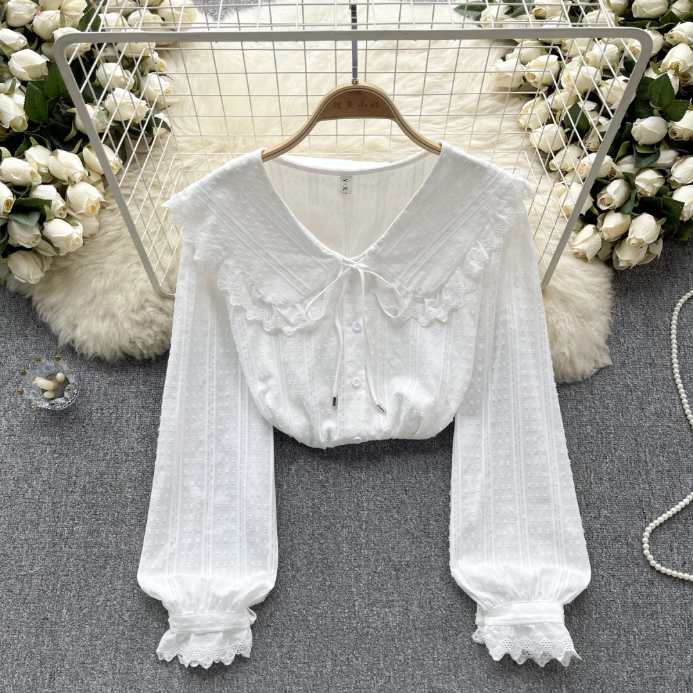 Show young lace puff sleeve tops art slim shirt for women