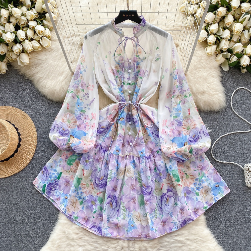 Slim vacation spring breasted printing dress for women