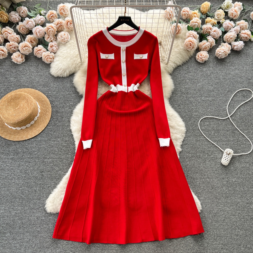 Pinched waist knitted slim spring long red dress for women