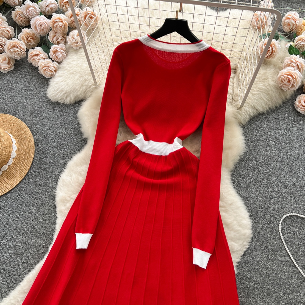 Pinched waist knitted slim spring long red dress for women