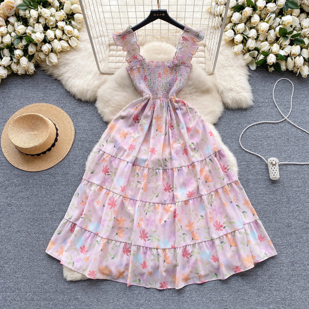 Floral wrapped chest France style show young long dress