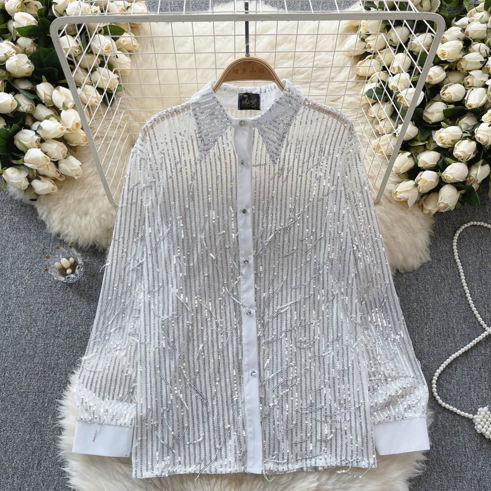 Sequins spring shirt long sleeve perspective tops