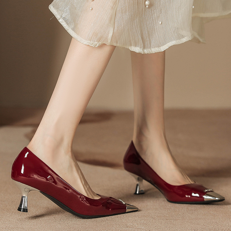 Small square head patent leather iron high-heeled shoes for women