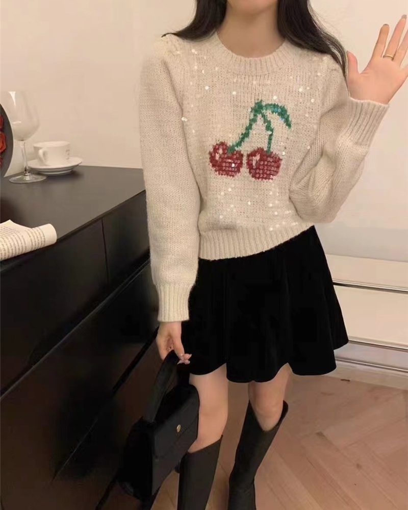 Lazy short sequins printing Korean style sweater for women