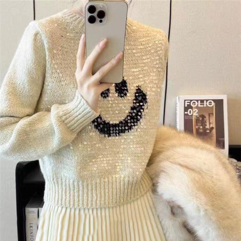 Sequins smiley lazy sweater short spring tops