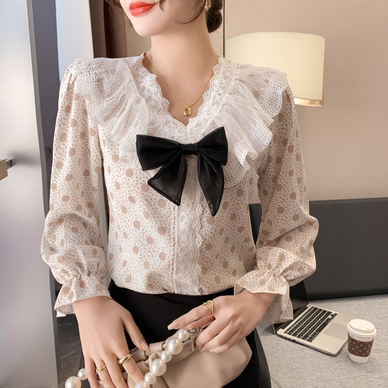 Lace spring polka dot shirt V-neck splice tops for women