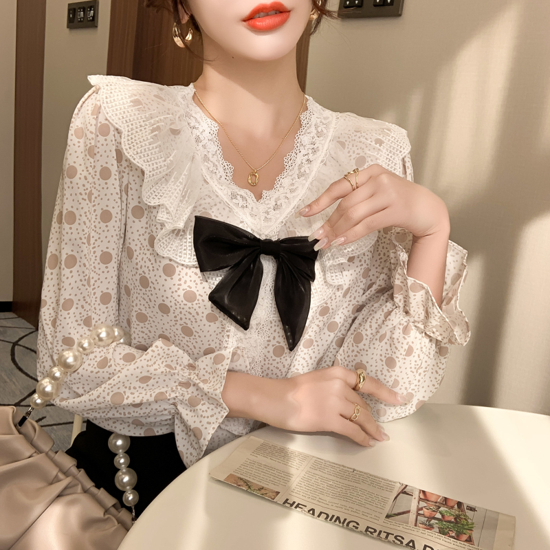 Lace spring polka dot shirt V-neck splice tops for women