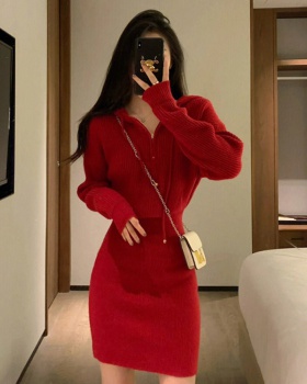 Red christmas knitted package hip hooded dress