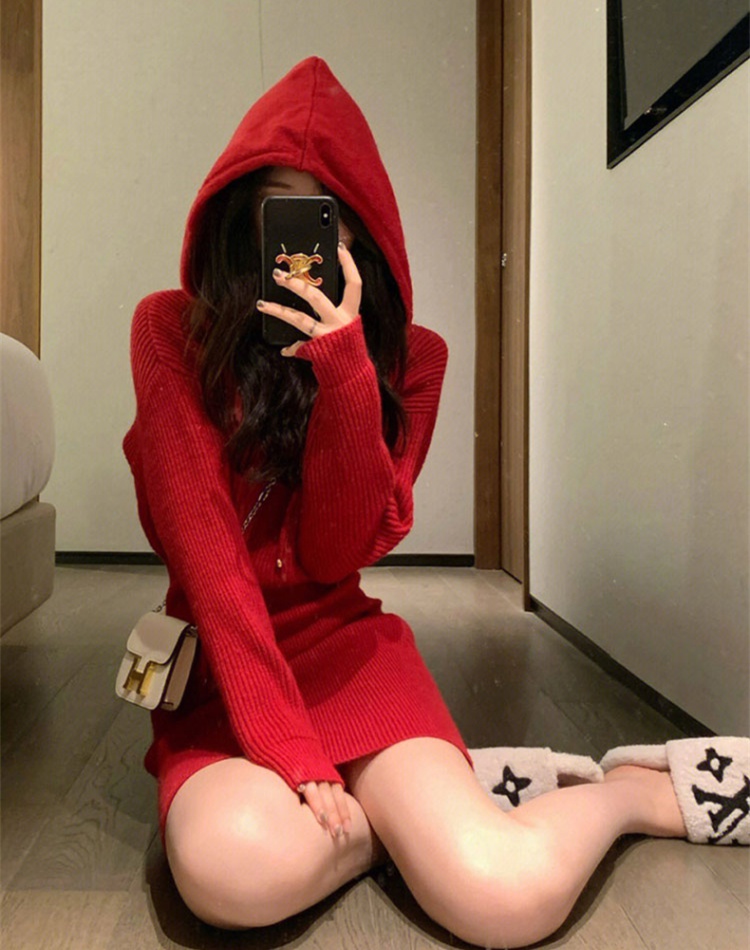 Red christmas knitted package hip hooded dress