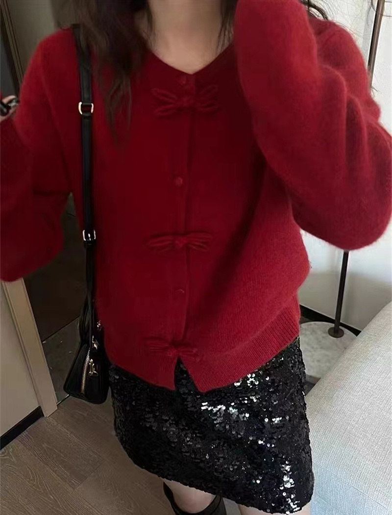 Knitted European style spring cardigan red bow coat