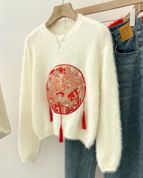 Chinese style pullover red loose sweater for women