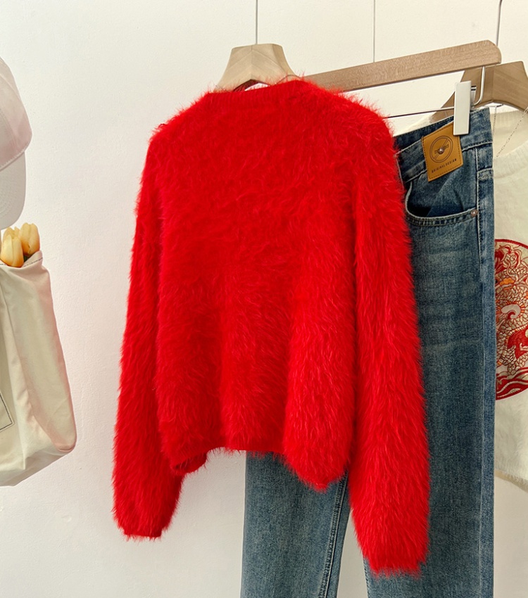 Chinese style pullover red loose sweater for women