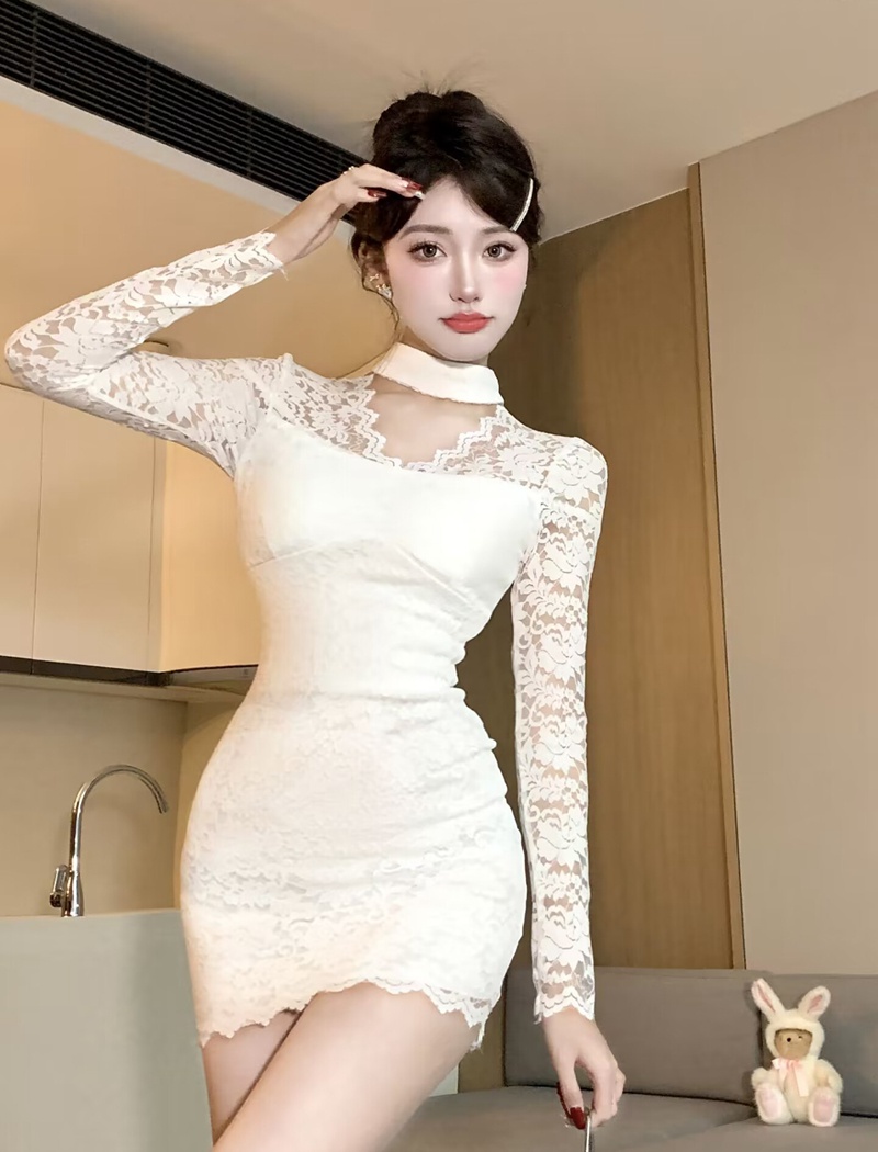 High collar hollow package hip halter sexy lace unique dress