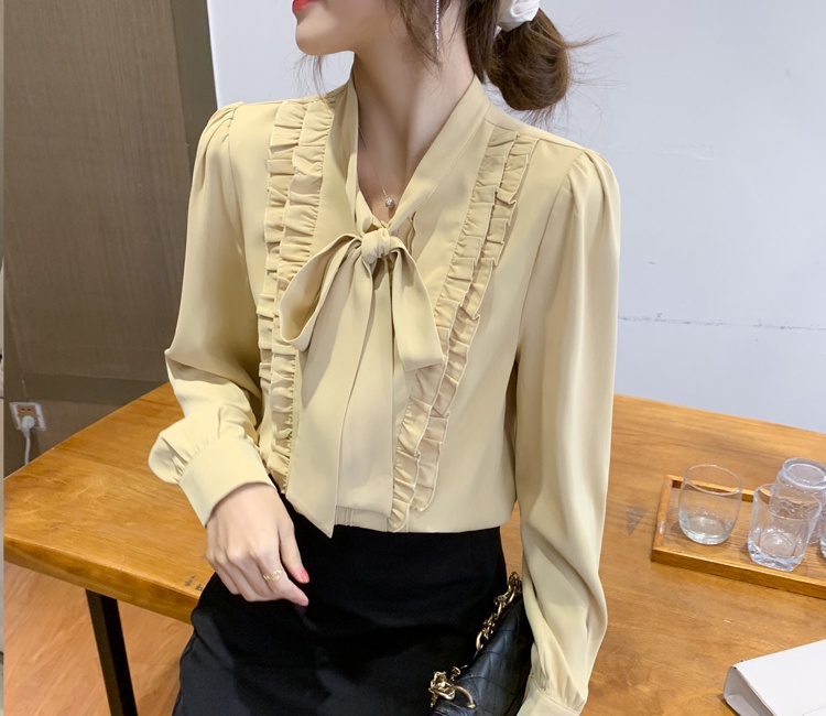 Wood ear drape bow tops streamer long sleeve shirt for women