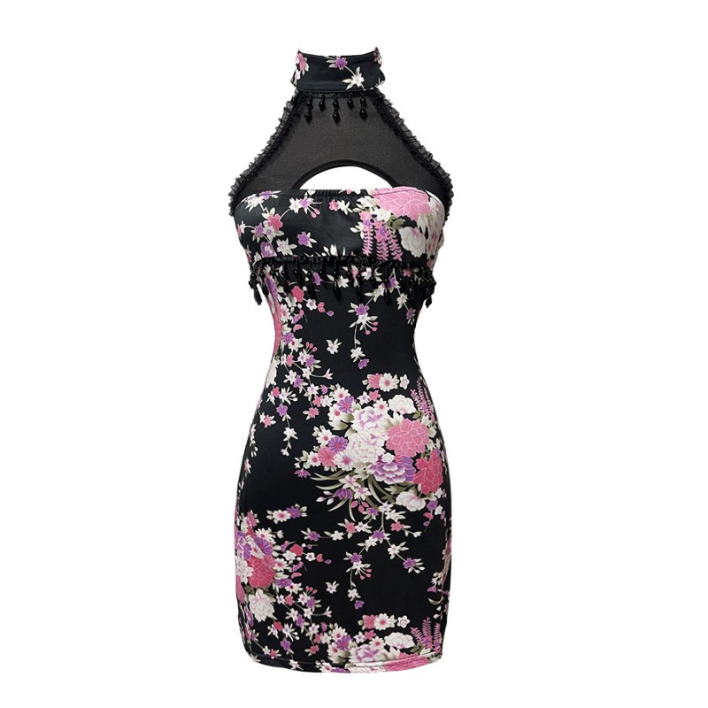 Sleeveless hanging beads tight floral dress for women