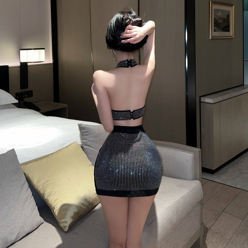 Sling nightclub rhinestone sexy short skirt 2pcs set