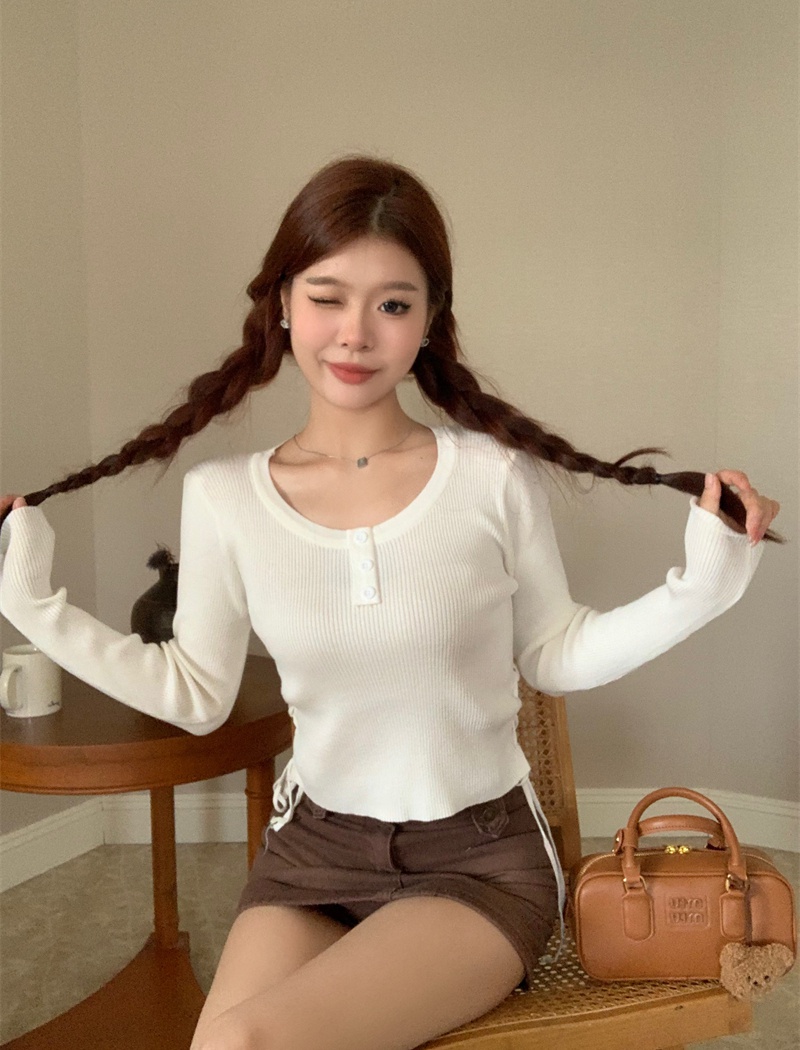Korean style knitted tops slim drawstring sweater