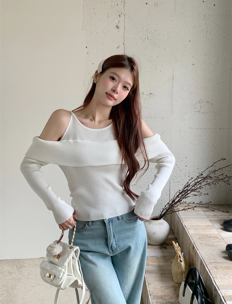 Long sleeve Pseudo-two sweater strapless unique tops