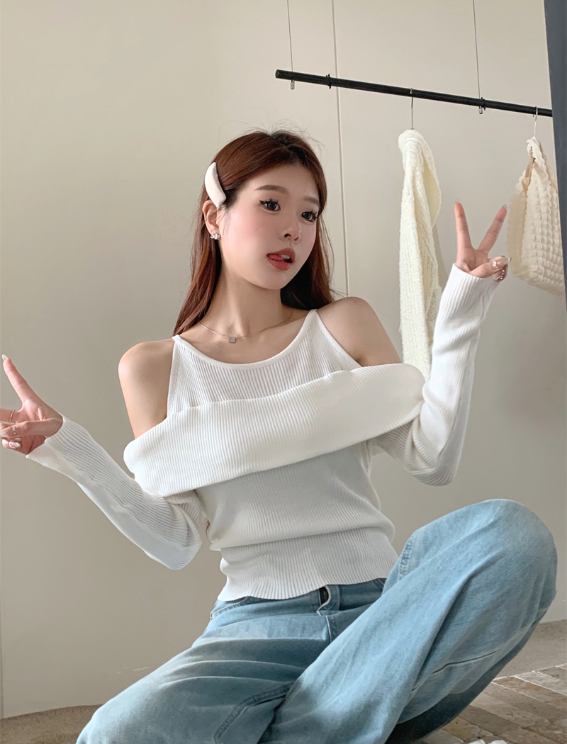 Long sleeve Pseudo-two sweater strapless unique tops