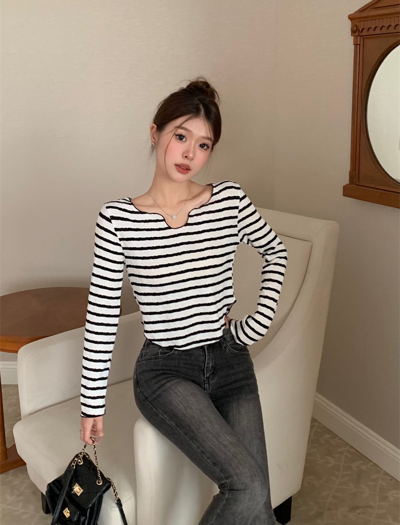 Wood ear bottoming shirt stripe T-shirt for women
