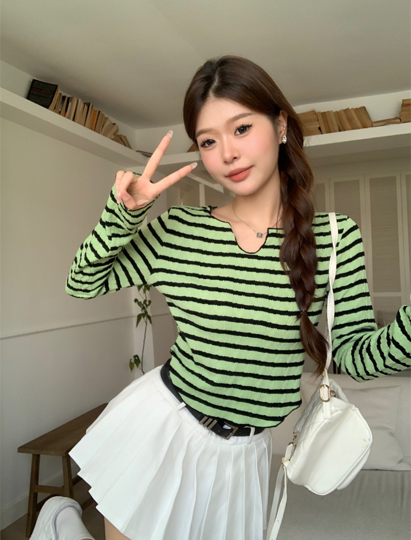 Wood ear bottoming shirt stripe T-shirt for women