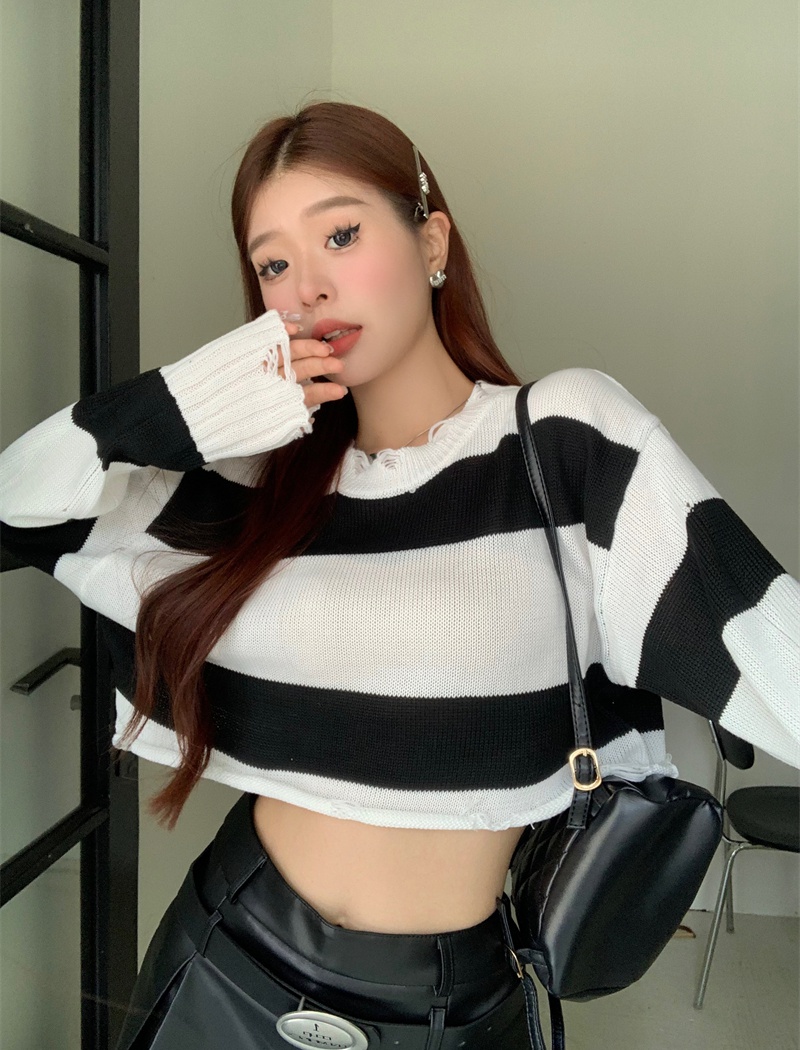 Round neck pullover holes all-match stripe short tops for women