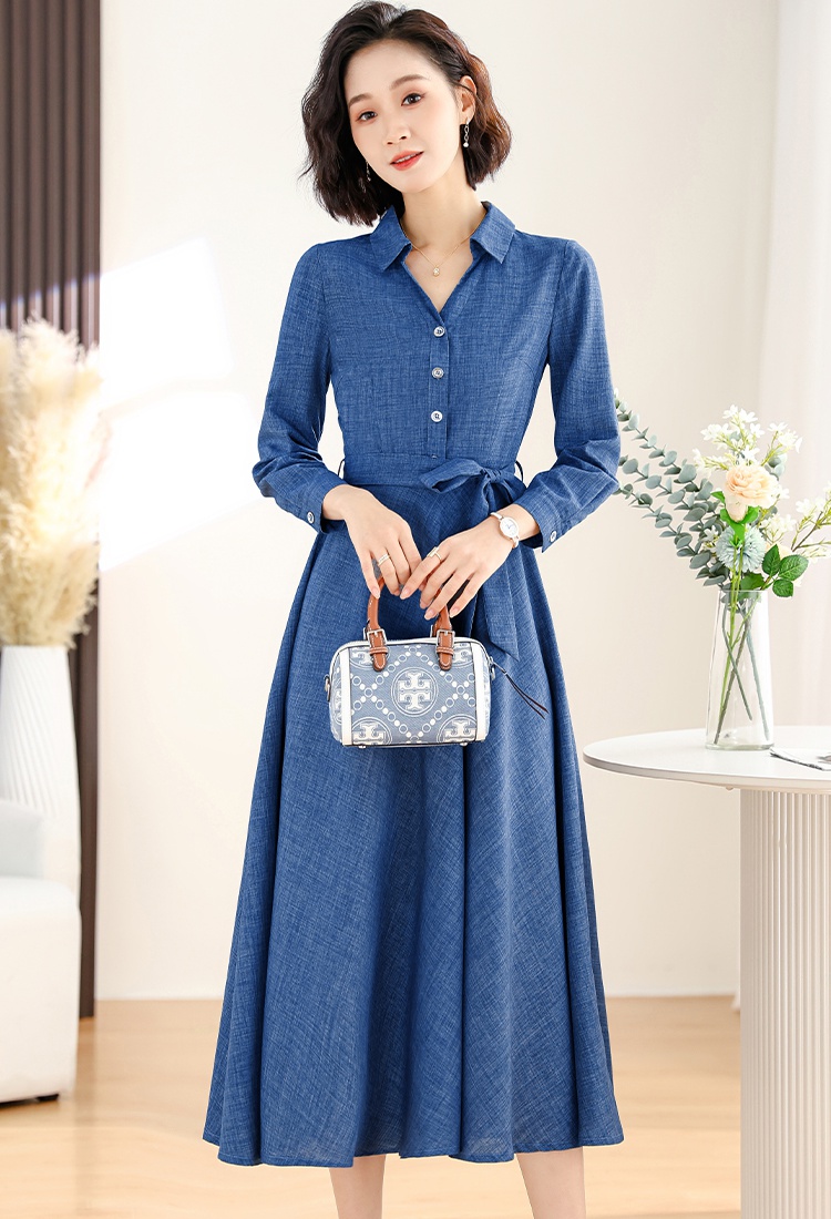 Cotton linen long sleeve long slim dress for women