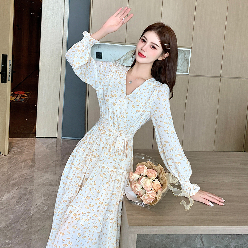 Simple spring and summer lady V-neck white printing dress