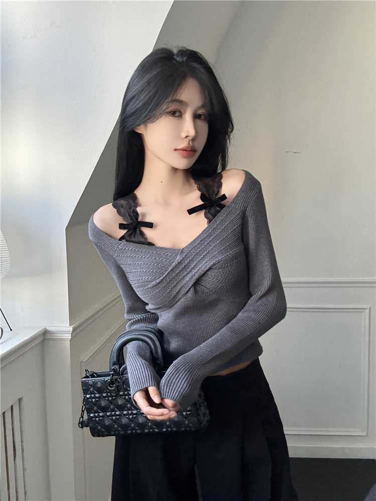 Knitted splice lace tops slim V-neck bottoming shirt