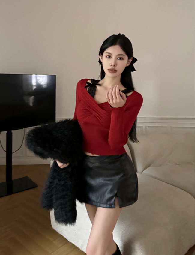 Knitted splice lace tops slim V-neck bottoming shirt