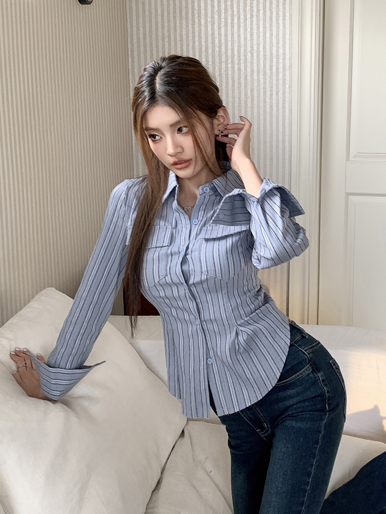 Stripe elasticity tops slim shirt for women