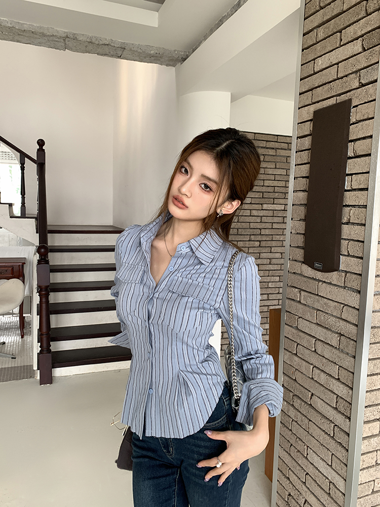 Stripe elasticity tops slim shirt for women