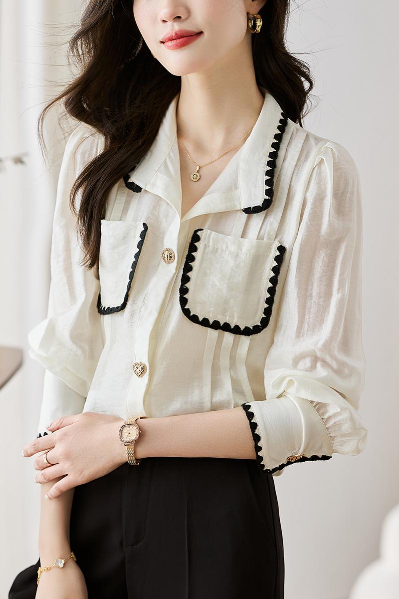 Long sleeve lapel tops white France style shirt for women