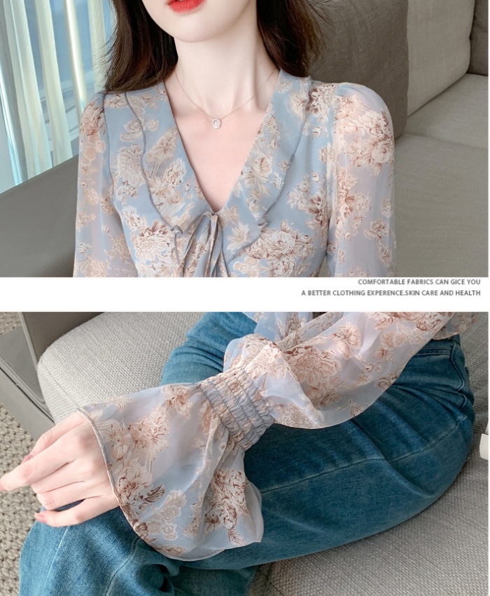 Floral spring chiffon shirt V-neck tops for women