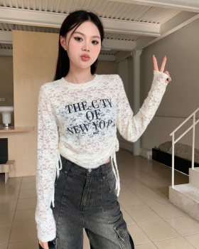 Drawstring pinched waist letters printing lace tops