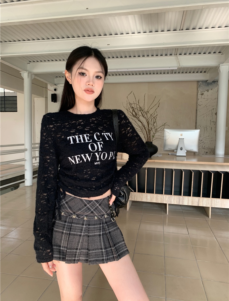 Drawstring pinched waist letters printing lace tops